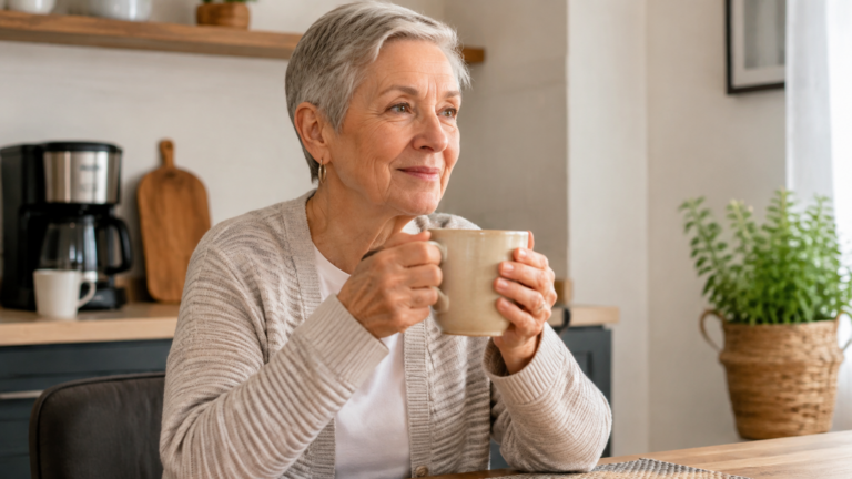 Mulher idosa segurando uma caneca com alça grande usando as duas mãos