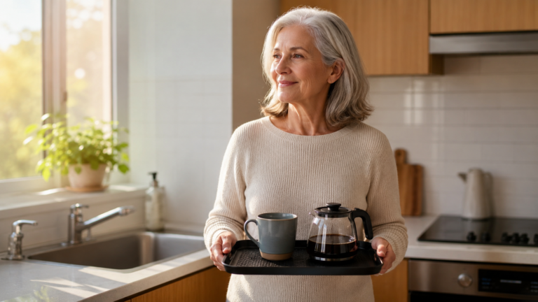 Mulher idosa carregando uma bandeja antiderrapante com café