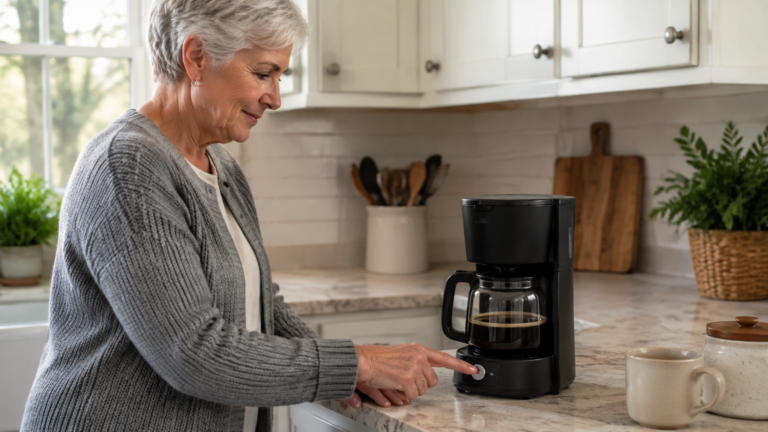 Mulher idosa acionando botão grande de uma cafeteira