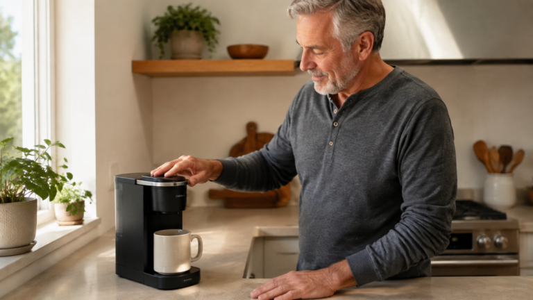 Homem idoso usando uma cafeteira compacta com uma mão