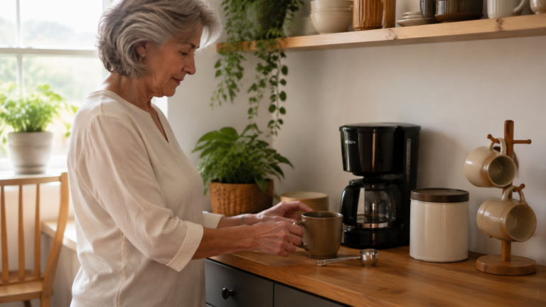 Mulher idosa organizando caneca e utensílios próximos à cafeteira