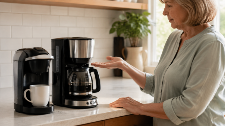 Mulher idosa comparando cafeteira de uma xícara e cafeteira com jarra