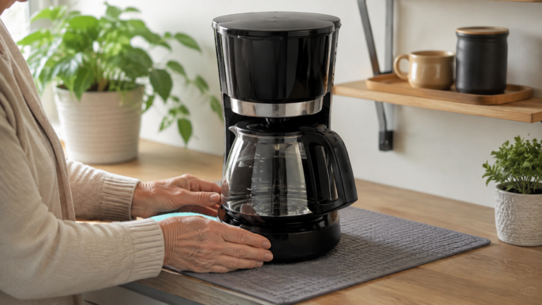 Mão idosa verificando cabo de cafeteira organizado junto à tomada