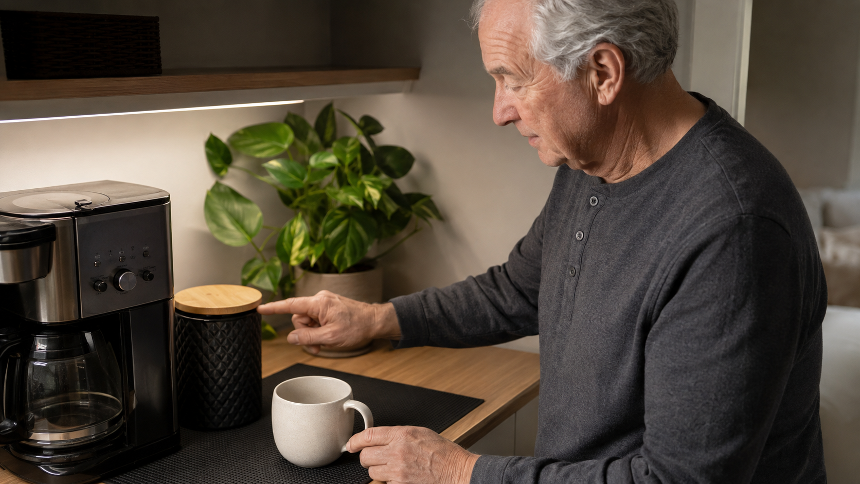 Homem idoso usando cantinho do café iluminado com objetos de alto contraste